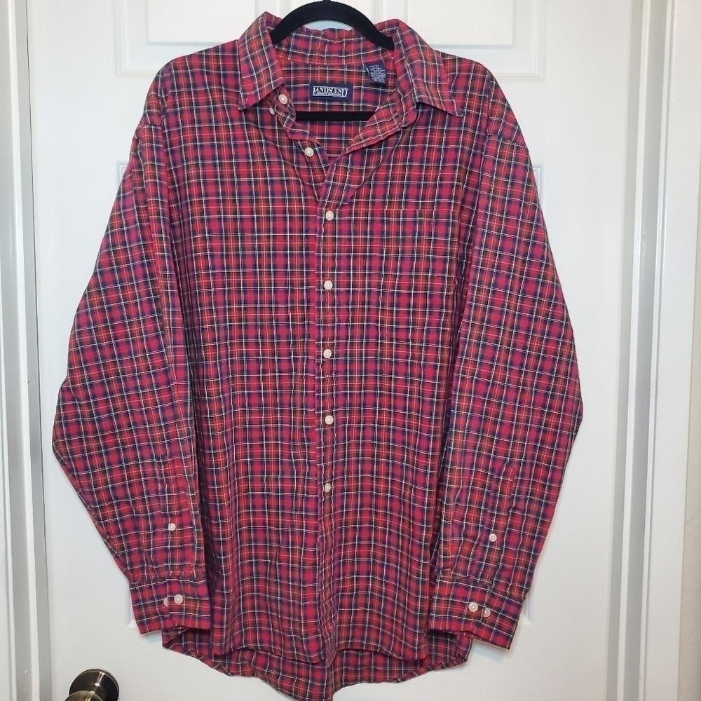 Vtg Lands End Shirt Mens Large Red Plaid Button Down Long Sleeve Pocket